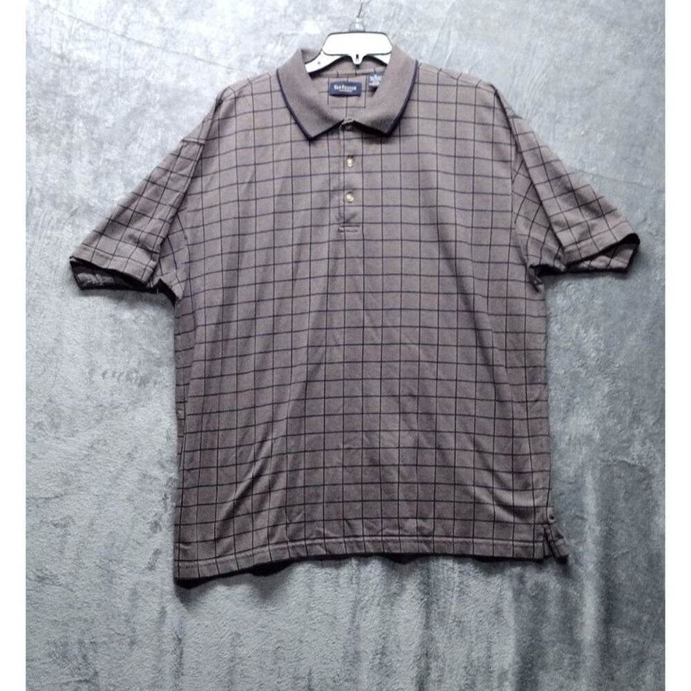 Van Heusen Mens Polo Shirt XL Brown Plaid Collared Short Sleeve Pullover